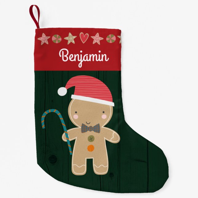 Petite Chaussette De Noël Green Holiday Gingerbread Nom du garçon Rustic Cut (Devant)
