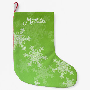 Petite Chaussette De Noël Green White Snowflakes Minimaliste Nom de Noël