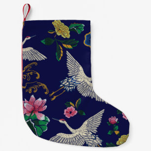 Petite Chaussette De Noël Grues japonaises, vagues et fleurs. Broderie