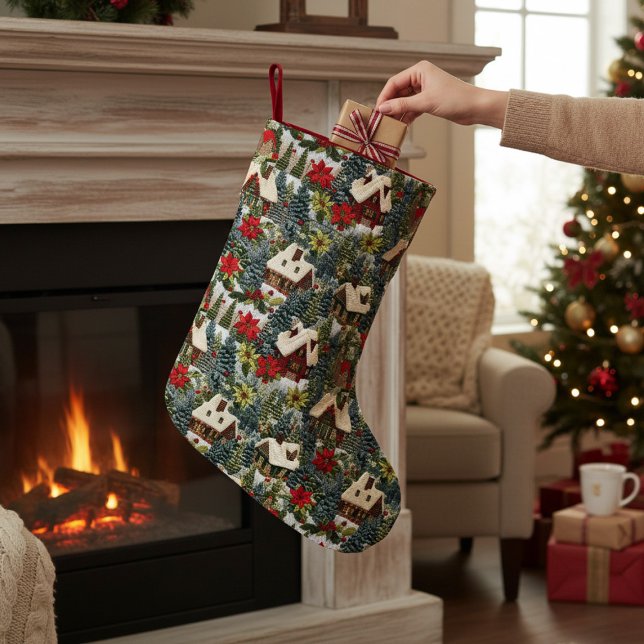 Petite Chaussette De Noël Hiver Maisons de Noël Arbres Faux Broderie (Créateur téléchargé)