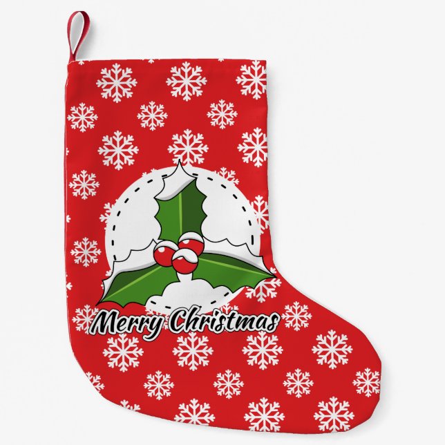 Petite Chaussette De Noël Holly on Red White Snowflakes (Devant)