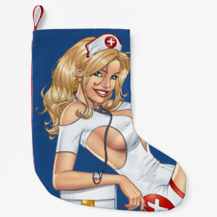 Petite Chaussette De Noël Infirmière blonde dans l'uniforme tirant vers le