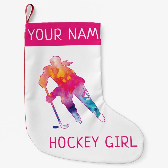 Petite Chaussette De Noël Joueuse de hockey personnalisée Aquarelle rose (Devant)