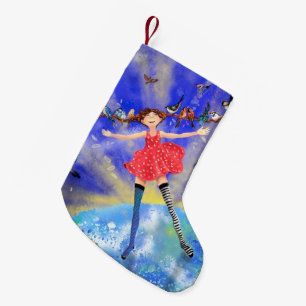 Petite Chaussette De Noël Joyeuse fille avec oiseaux Noël Stocking