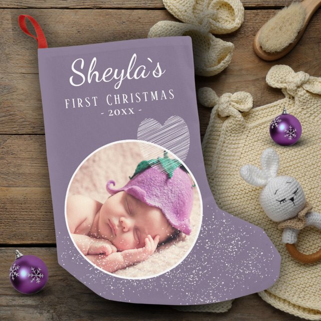 Petite Chaussette De Noël Lavender Purple Baby`s First Christmas Heart Photo (Créateur téléchargé)