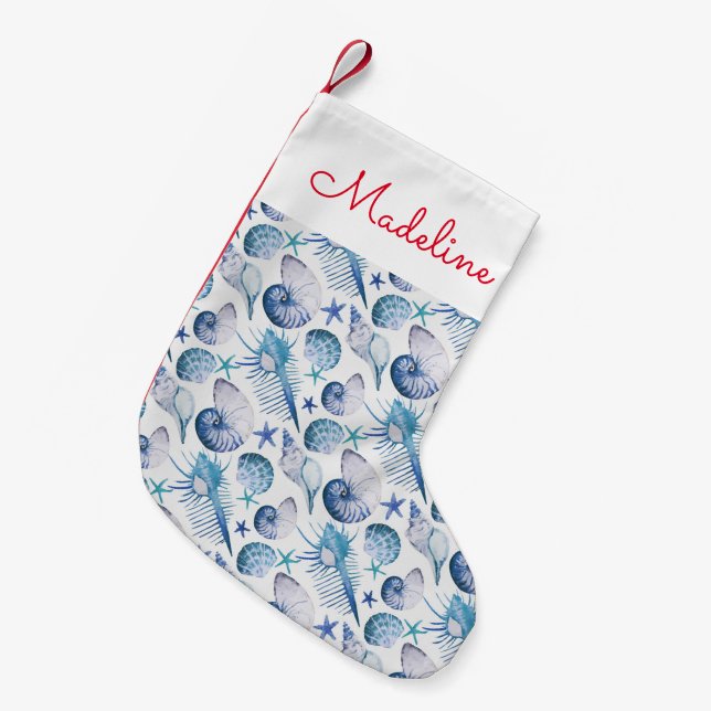 Petite Chaussette De Noël Les coquilles d'aquarelle | ajoutent votre nom (Devant (Accrochage))