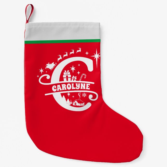 Petite Chaussette De Noël Lettre C Monogramme de Noël Nom initial Rouge Blan (Devant)