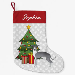 Petite Chaussette De Noël Lévrier Italien Bleu et Blanc & Sapin de Noël