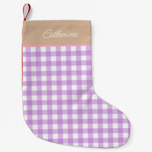 Petite Chaussette De Noël Lilac Beige Nom personnalisé En vichy