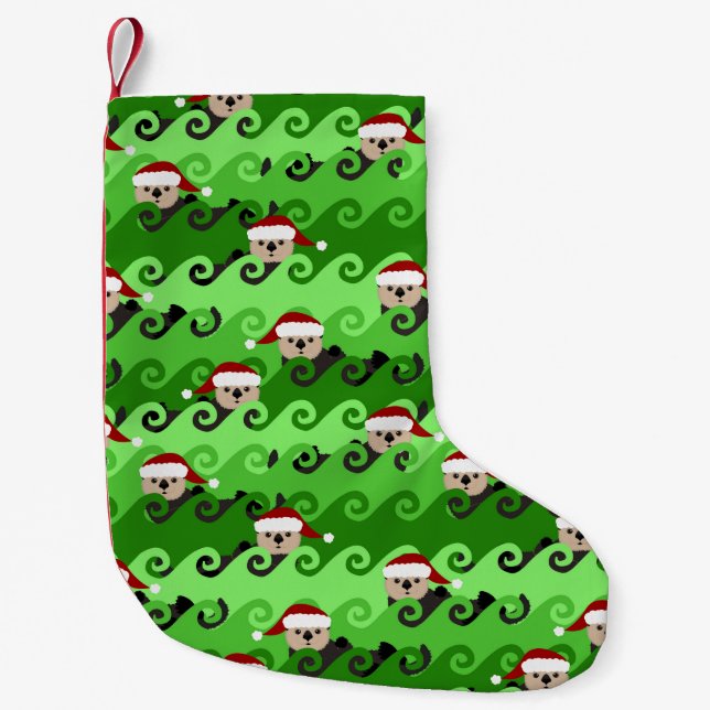 Petite Chaussette De Noël Loutres de mer de Noël Vagues vertes (Devant)