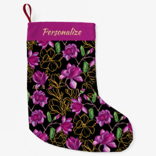Petite Chaussette De Noël Magnolias Fleurs Violettes et Dorées Noël