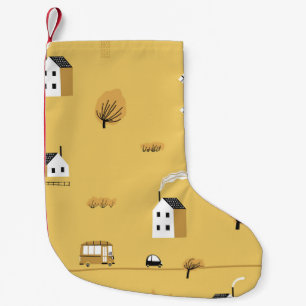 Petite Chaussette De Noël Maison colorée, arbres, chevaux paysage