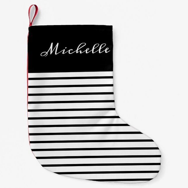 Petite Chaussette De Noël Manuscrit customisé élégant rayé de blanc noir (Devant)