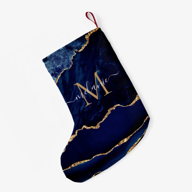 Petite Chaussette De Noël Marine Blue Gold Votre nom Lettre Noël Stocker (Dos (Accrochage))