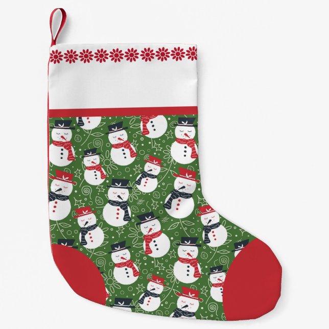 Petite Chaussette De Noël Mellow Snowmen - Xmas red on green. (Devant)