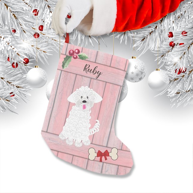 Petite Chaussette De Noël Mignonne fille Maltais rose clôture en bois (Créateur téléchargé)