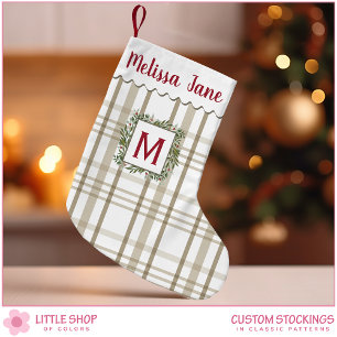 Petite Chaussette De Noël Monogramme À feuillage persistant Plaid Beige