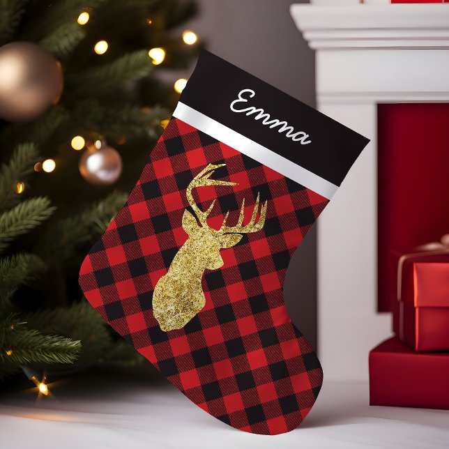 Petite Chaussette De Noël Monogramme de bison Plaid Gold Deer (Créateur téléchargé)