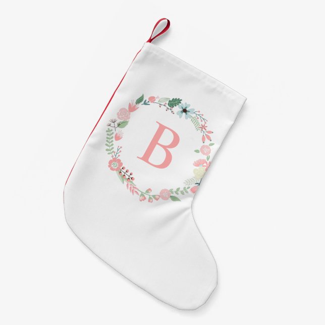 Petite Chaussette De Noël Monogramme de couronne de fleurs rose (Devant (Accrochage))