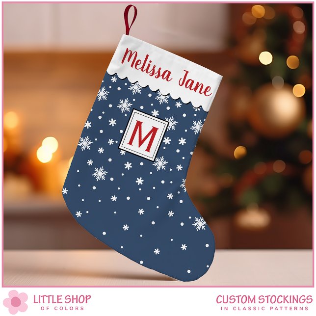 Petite Chaussette De Noël Monogramme de flocons de neige de marine personnal (Créateur téléchargé)