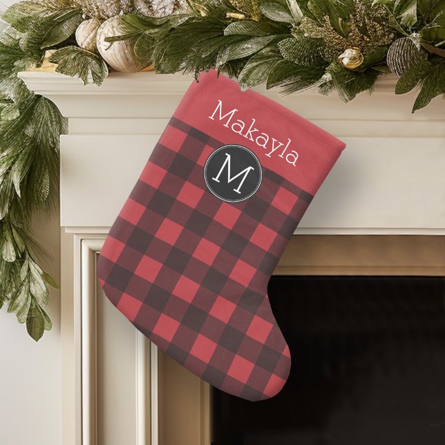Petite Chaussette De Noël Monogramme de Motif de Buffle Noir Rouge Rustique (Personalized Christmas Stocking - buffalo plaid)