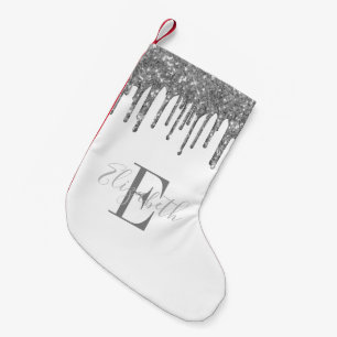 Petite Chaussette De Noël Monogramme élégant blanc paillettes argentées gout