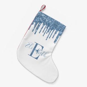 Petite Chaussette De Noël Monogramme élégant gouttes de paillettes bleues