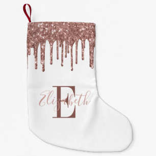 Petite Chaussette De Noël Monogramme élégant rose or paillettes gouttes blan