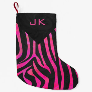 Petite Chaussette De Noël Monogramme noir et rose chaud Zebra Design