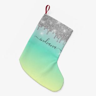 Petite Chaussette De Noël Monogramme Parties scintillant argent Turquoise Om