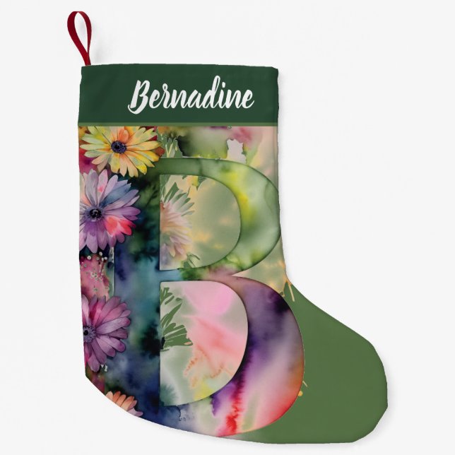 Petite Chaussette De Noël Monogramme personnalisé Aquarelle florale personna (Devant)