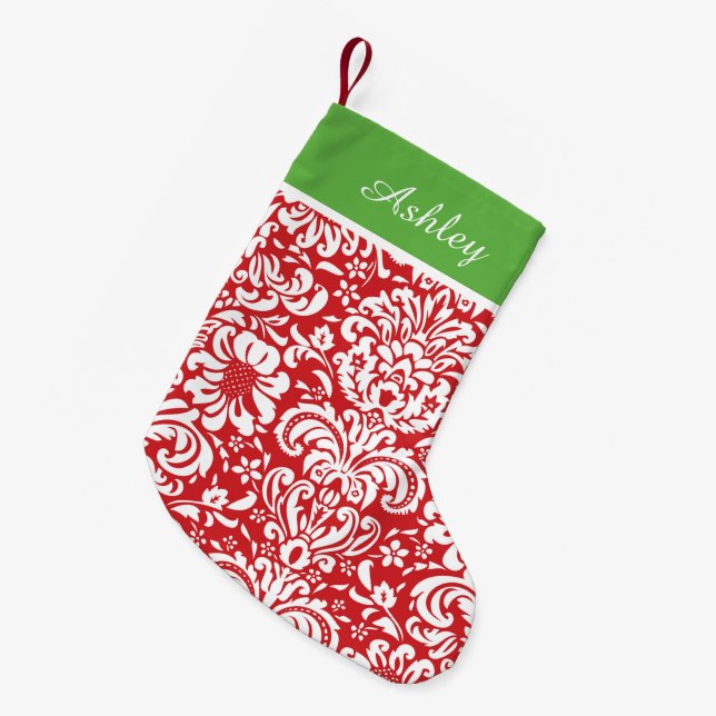 Petite Chaussette De Noël Monogramme rouge et vert de vacances Damas (Devant (Accrochage))