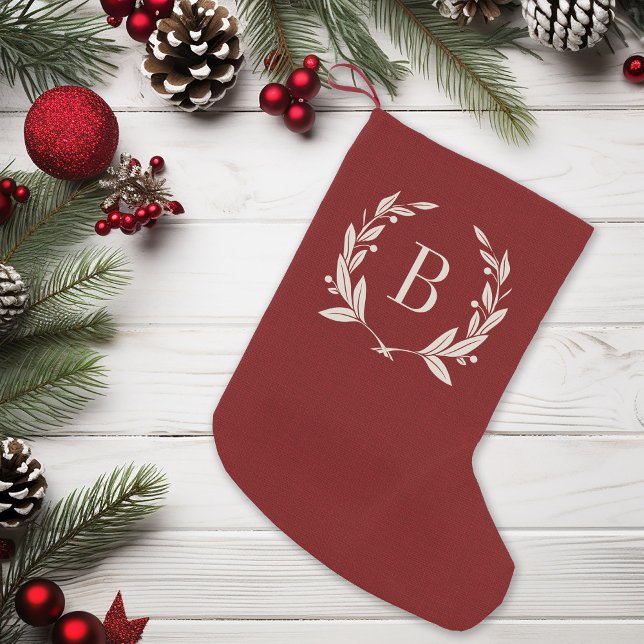 Petite Chaussette De Noël Monogramme rustique de couronne de laurier rouge (Créateur téléchargé)