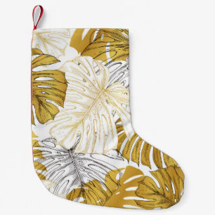 Petite Chaussette De Noël Monstera Feuilles : Blanc doré