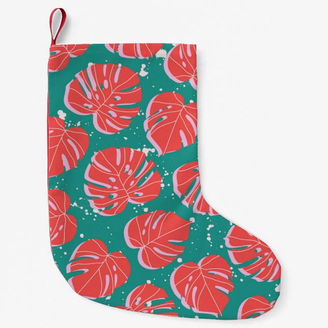 Petite Chaussette De Noël Monstère rouge : motif tropical vert (Devant)