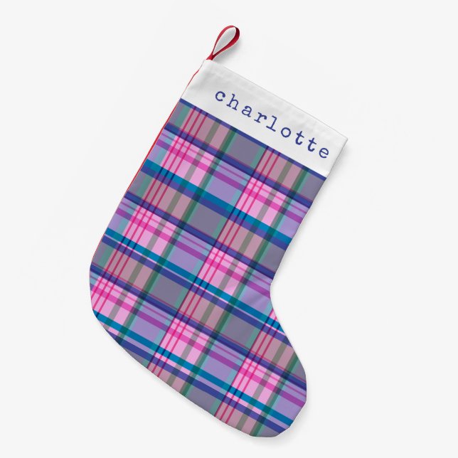 Petite Chaussette De Noël Motif à carreaux rose rétro mignon avec nom person (Devant (Accrochage))