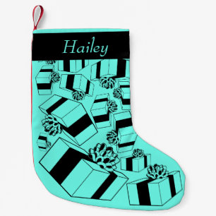 Petite Chaussette De Noël Motif Cadeaux Noir Aqua Nom Personnalisé