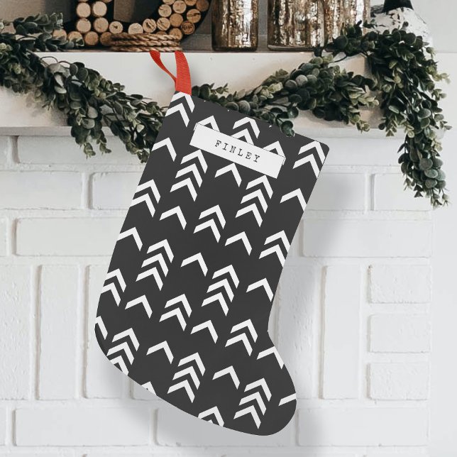 Petite Chaussette De Noël Motif Chevron géométrique noir et blanc (Black and white geometric Christmas stocking by Guava, featuring custom name typewriter font design)