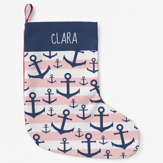 Petite Chaussette De Noël motif d'ancrage bleu marine à rayure rose marine (Devant)