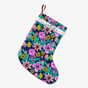 Petite Chaussette De Noël Motif d'aquarelle Feuille rose-rose-jaune