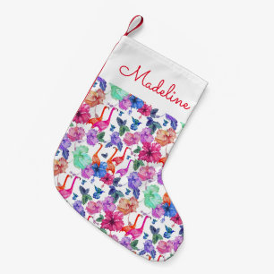 Petite Chaussette De Noël Motif d'aquarelle tropicale Ajouter votre nom