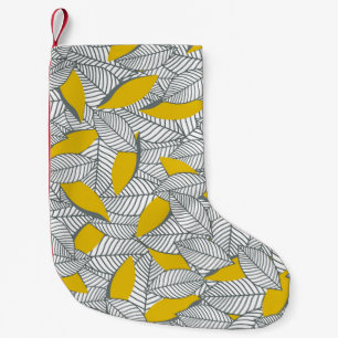 Petite Chaussette De Noël Motif de feuilles gris et jaune.