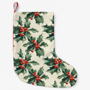 Petite Chaussette De Noël Motif de Noël avec Holly Feuilles et Red Berry