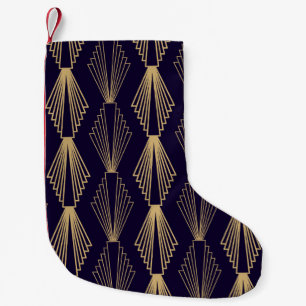 Petite Chaussette De Noël Motif de style Art déco doré. Bleu bleu foncé sans