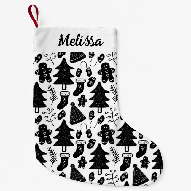 Petite Chaussette De Noël Motif Doodle de Noël noir et blanc (Devant)