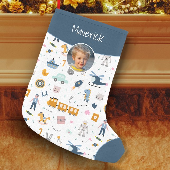 Petite Chaussette De Noël Motif enfant mignon Photo et nom Boy Blue (Créateur téléchargé)