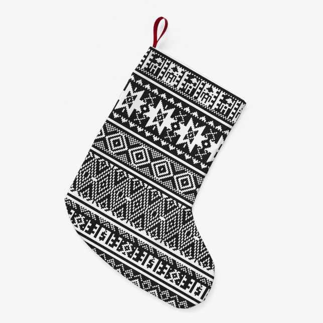 Petite Chaussette De Noël Motif géométrique croisé noir et blanc (Devant (Accrochage))