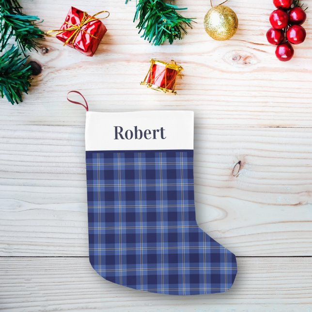 Petite Chaussette De Noël Motif moderne bleu Tartan Plaid avec nom (Créateur téléchargé)