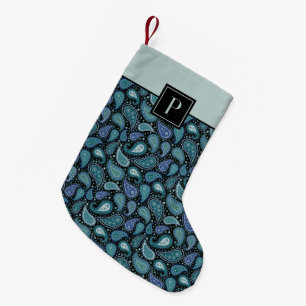 Petite Chaussette De Noël Motif Rétro Monogramme Paisley Bleu