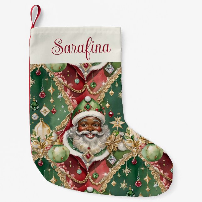Petite Chaussette De Noël Noël Africain-Américain à Père Noël (Devant)